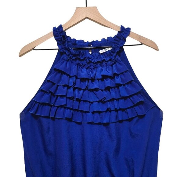 Ciel USA Blue Ruffle Halter Neck Smocked Tank Top Blouse Sz L - Picture 3 of 8